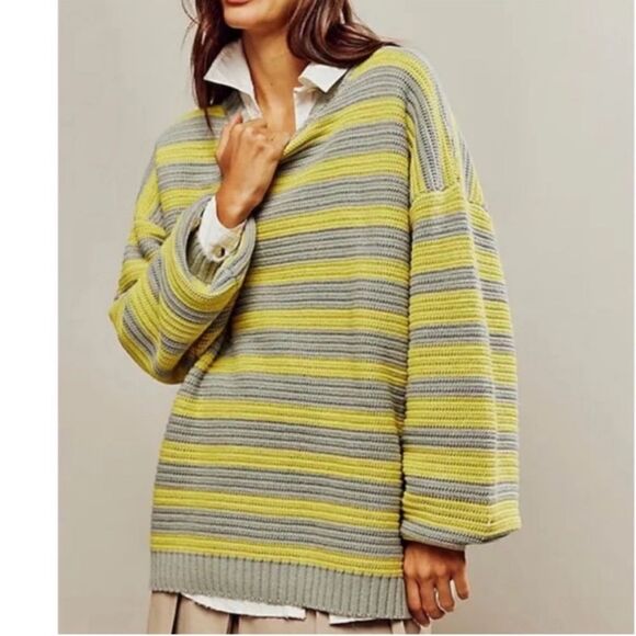 Free People Links Sweater M Crewneck Knit Oversized Striped Slouchy Heavy Boho - Picture 1 of 5